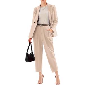 EXLURA Women's Business Blazer and High Elastic Waist Pant Suit Set Loose Fit Casual Fall Winter 2 Piece Suits for Work (Large, Apricot)