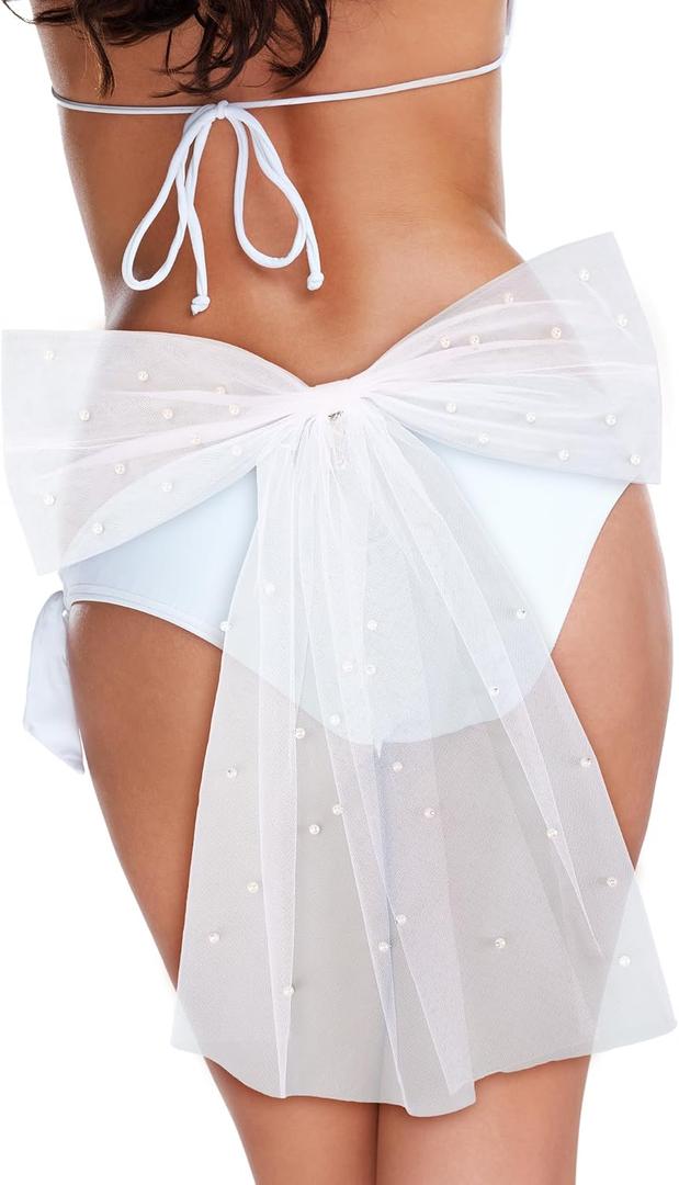 Suncalla Bachelorette Party Pearl Bikini Bow White Tulle, Bride Gift Bride Bathing Suit Accessory Summer Swimsuit Outfit Decorations for Bridesmaid Shower Favors Engagement Beach Pool Party