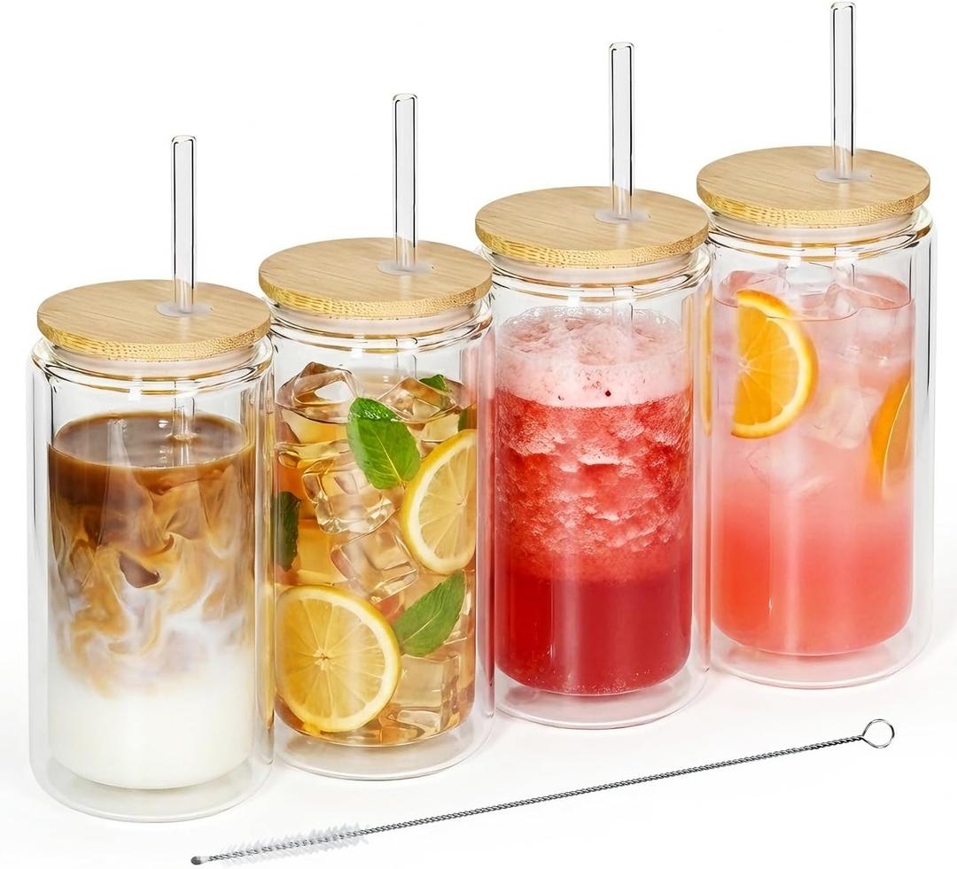 4 Pack Glass Cups with Lids and Straws 12 oz Double Wall Glass Tumbler Insulated Borosilicate Iced Glass Coffee Cups for Iced Coffee, Smoothies, Tea, Juice (Clear)