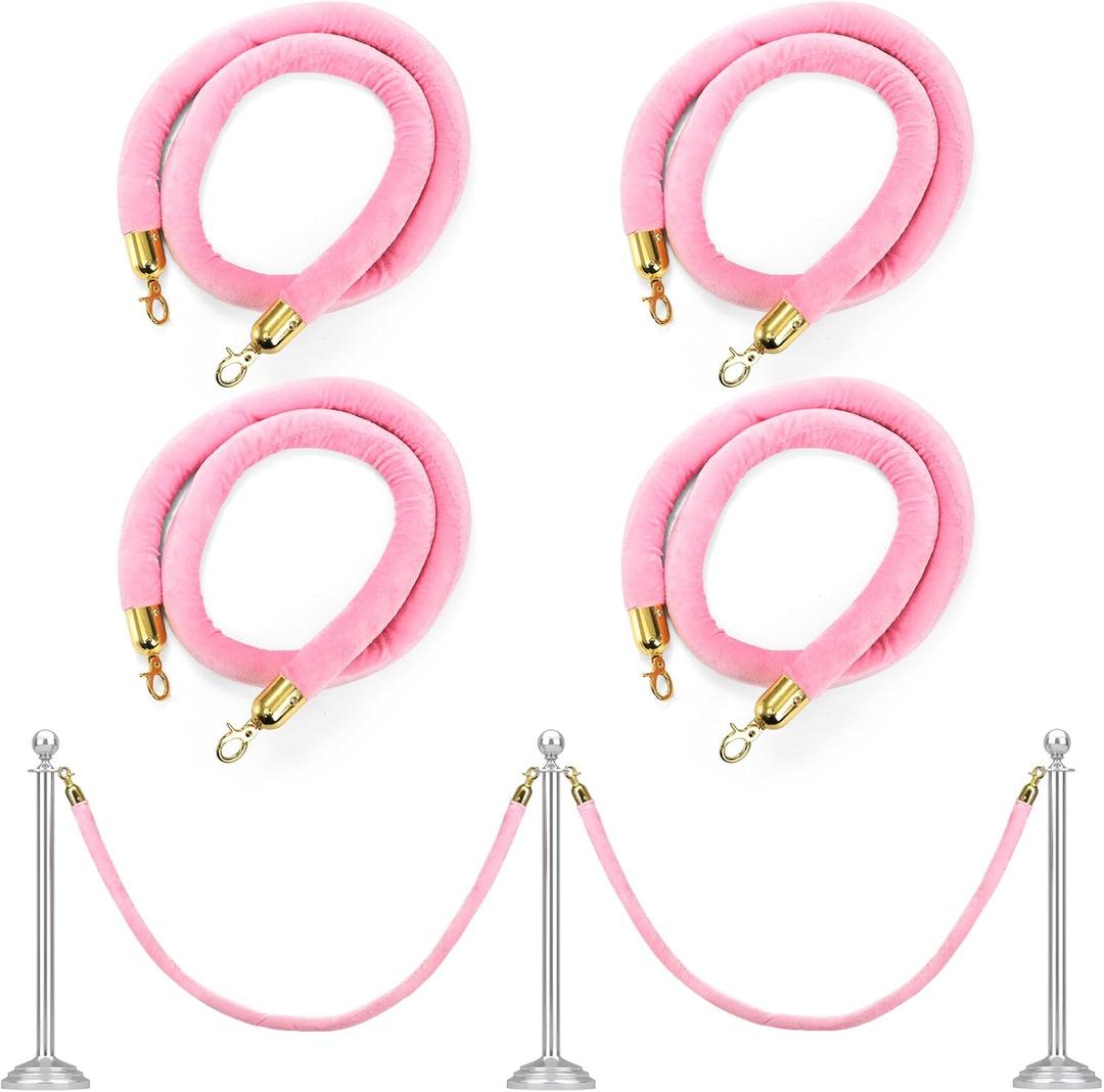 Okllen Pack of 4 Velvet Stanchion Rope Pink, 5 Ft Crowd Control Ropes Safety Barriers with Polished Gold Clasps, Hanging VIP Rope for Red Pink Carpet Theme Event and Party Events Decor