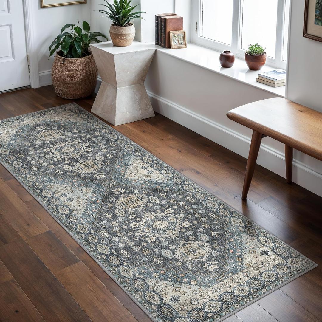 GENIMO 2x5 Washable Runner Rug for Hallway, Vintage Non Slip Low Pile Carpet, Soft Lightweight Printed Rug for Entryway, Kitchen, Corridor & Home Office, Slate Gray Blue