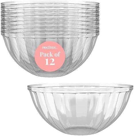 Prestee Clear Plastic Serving Bowls, 48 Oz. 12 Pack - Round Disposable Bowls, Punch, Party, Chip Bowl Containers - for Candy, Salads, Parties, & Serving Food - Large Salad Bowl Dish for Eating