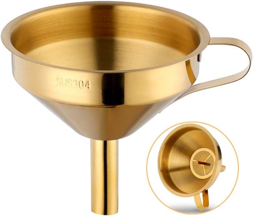 Stainless Steel Wide Mouth Funnels with Detachable Strainer, 5-inch Funnel for Filling Small Bottles and Jars, Cooking Oil and Transmission Liquid and Powder, Food Grade Metal Kitchen Funnels Gold