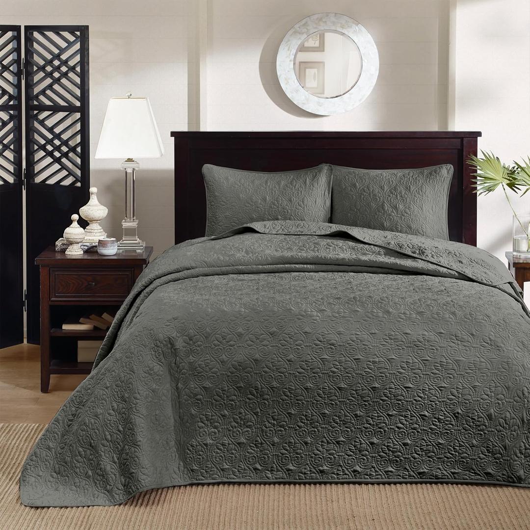 Madison Park Quebec Reversible Damask Design, Double Sided Quilting All Season, Lightweight Coverlet Bedspread Bedding Set, Matching-Shams, Queen(102"x118"), Dark Grey