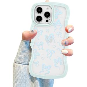Aitipy for iPhone 16 Pro Case, Wavy Frame Cute Ribbon Bowknot Pattern Aesthetic Transparent Back Soft TPU Shockproof Phone Case for Women Girls, Blue