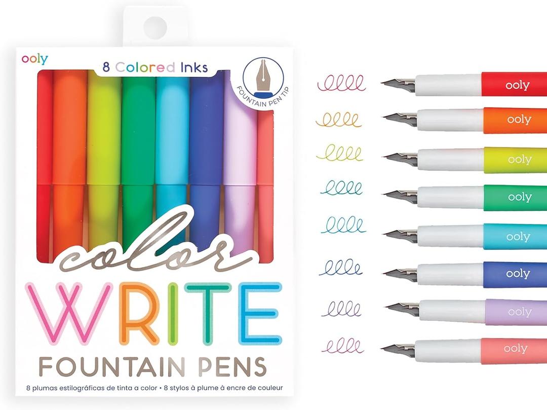Ooly Color Write Colorful Fountain Pens, Pack of 8 Colored Ink Fountain Pens, Use Refillable Ink Cartridges, Fine Tip for Calligraphy Drawing, Hand lettering, School Supplies