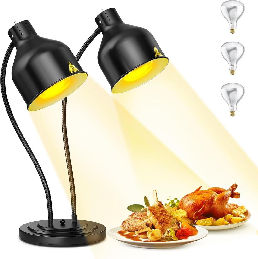 Food Heat Lamp, 500W Dual-Head Stainless Steel Commercial Food Warmer Lamp with 540° Rotation & 3Pcs Bulbs, Portable Warming Light for Restaurant Kitchen Buffet Counter Party Catering