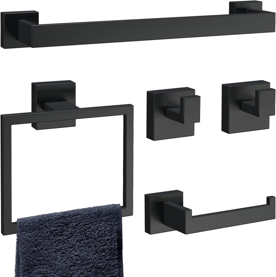 5-Piece Matte Black Bathroom Accessories Set, SUS304 Stainless Steel Wall Mounted 16 Inch Hand Towel Bar, Toilet Paper Holder, Towel Ring, Towel Hooks, Bathroom Hardware Set, Towel Bar Set (5 Piece-16 inch)