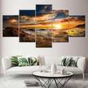 Wooden Large 5 Piece Canvas Wall Art Sunset With Sea Ocean Painting Picture for Bedroom Living Room Office wall Decor Artwork Framed Gicle Prints Posters Stretched Ready to Hang