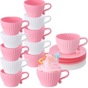 Vesici 24 Pcs Silicone Teacup Cupcake Molds Muffin Cups for Baking, Teacup Cupcake Liners, Reusable Baking Muffin Liners for Bridal Baby Shower Birthday Tea Party, 12 Cups 12 Saucers, White and Pink