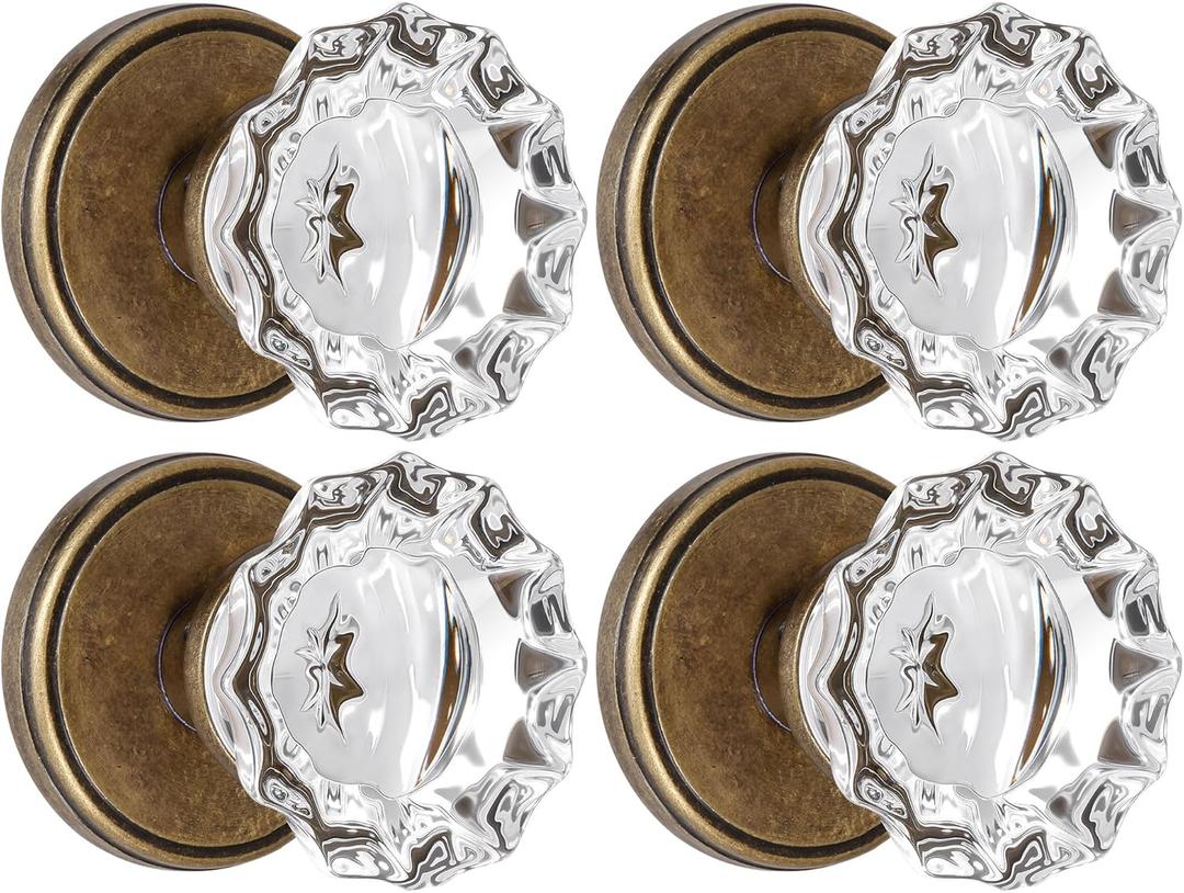 4 Pack Antique Brass Door Knobs, Crystal Door Knob Dummy Door Knobs, Glass Interior Dummy Handle, Single Sided Decorative (Aged Bronze)