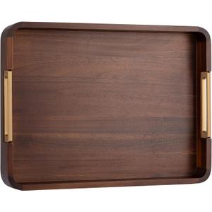 Premium 17.5 x 13 Inch Acacia Wood Serving Tray with Metal Handles Large Ottoman Coffee Table Centerpiece for Bed, Couch & Patio Rustic Wood Trays Home Decor for Breakfast, Drinks & Gifts