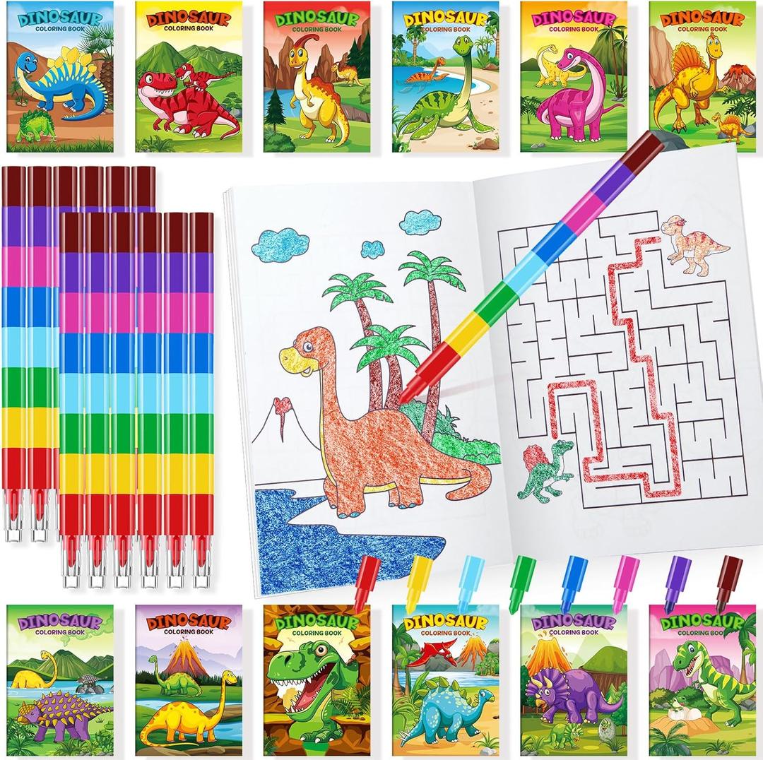 BenLouis 24 Dinosaur Mini Coloring Books Kids with 24 Stacking Crayons Dino Birthday Party Favors Activity Books Bulk for Kids Jurassic Goodie Bag Gift Stuffer Classroom Reward