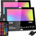 MELPO Led Flood Light Outdoor, 50W RGB Color Changing Landscape Lighting with Remote, Timing - 12 Colors - 4 Modes, IP66 Waterproof, US 3-Plug, (Pack of 2)