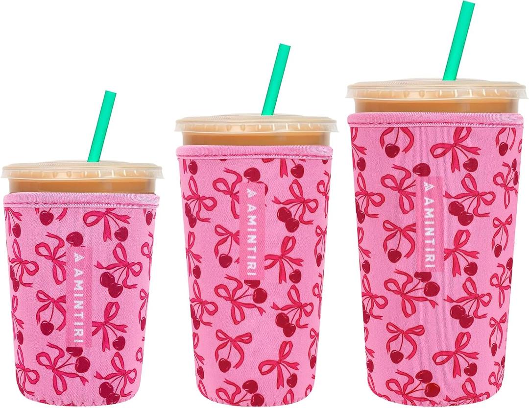 3 Pack Reusable Sleeve for Iced Coffee Cup, Coffee Neoprene Sleeve for Iced&Hot Drinks, Coffee Sleeve Compatible with Starbucks, Dunkin Coffee Cup. (Cherry&Bow)