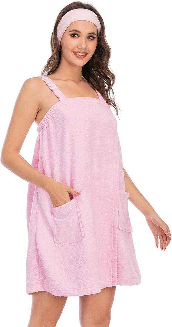 Veseacky Women Bath Wrap Towel for Womens Shower with Pocket Adjustable Spa Robe & Facial Headband (Medium, Pink)
