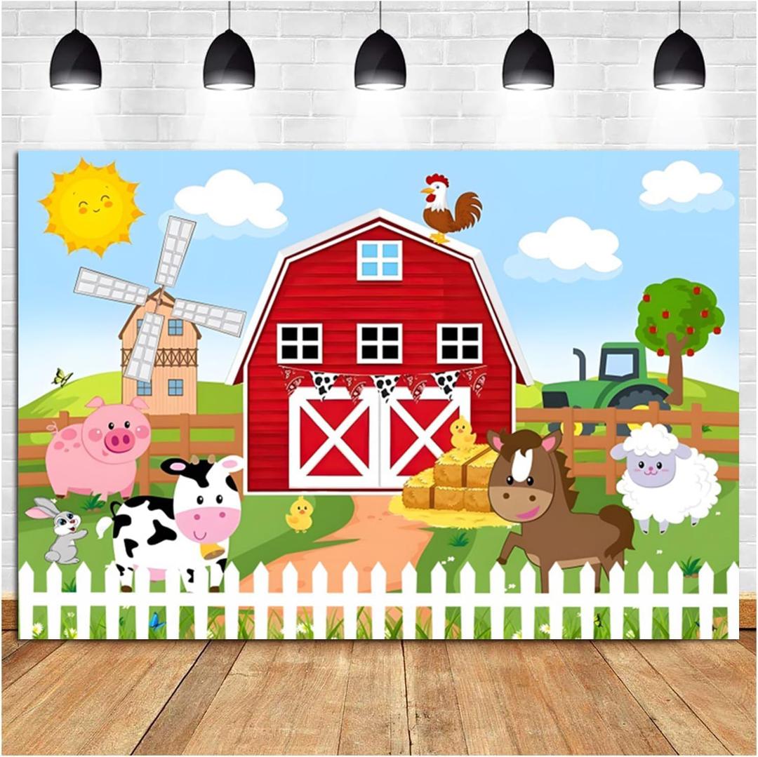 10x8ft Farm Backdrop Red Barn Farmhouse Animals Photography Background Birthday Baby Shower Kids Themed Party Banner Decorations Supplies Photo Booth Props