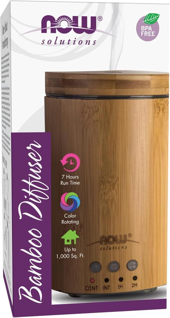 NOW Essential Oils, Ultrasonic Real Bamboo Aromatherapy Oil Diffuser, Extremely Quiet, Heat Free and Easy to Clean, Color Changing LED Diffuser (1 Count (Pack of 1))