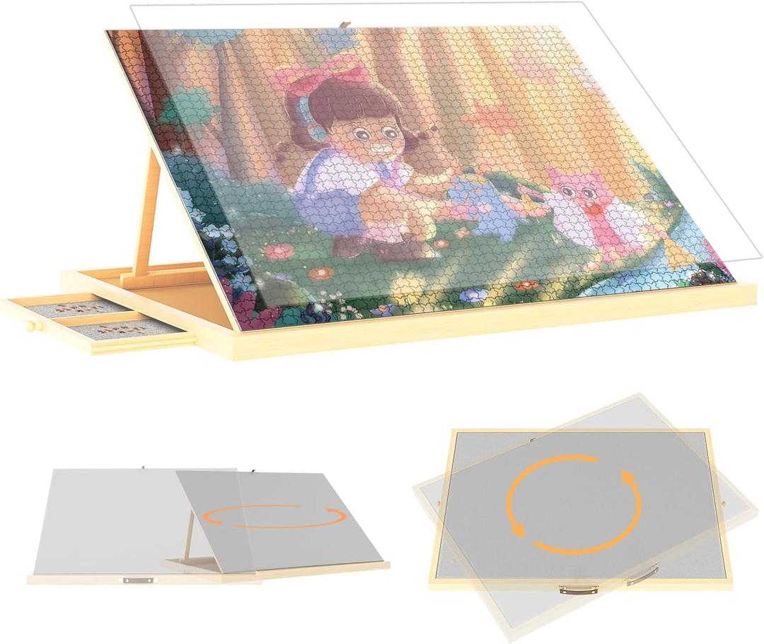 1500 Pieces 2-in-1 Tilting & Rotating Puzzle Board with 4-Angle Adjustment & Dual Rotation Mode, 34.05"x24.8" Portable Wooden Lazy Susan Jigsaw Puzzle Table with Drawers and Cover for Adults Gifts