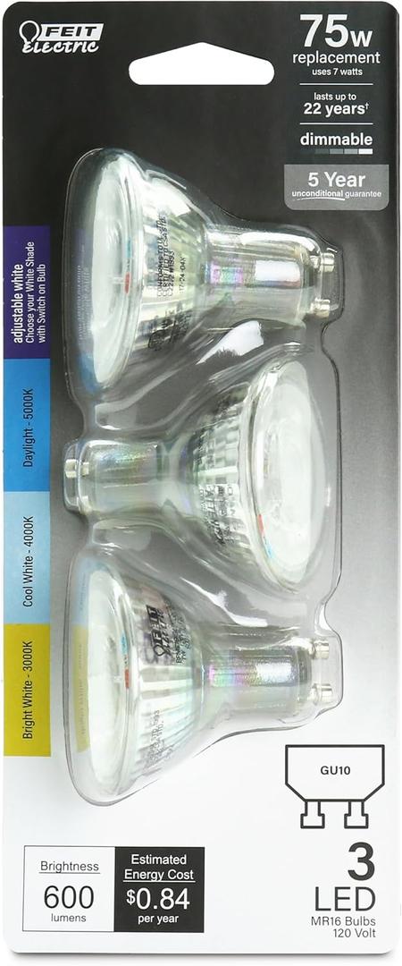 Feit Electric MR16 LED Reflector Light Bulb, 75W Equivalent, Dimmable, GU10 Base, 90+ CRI, 600 Lumen, Adjustable Color Temperature Track Lighting, 25,000-Hour Lifespan, BPMR16GU10753CCTCA/3, 3-Pack