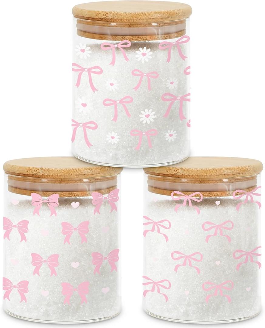 3 Pcs Pink Bow Glass Storage Jars with Airtight Lids Pink Bow Candy Cookie Jars Gift Cute Preppy Kitchen Canister Set for Women Girls Cute Kitchen Counter Decor Airtight Candy Cookie Containers
