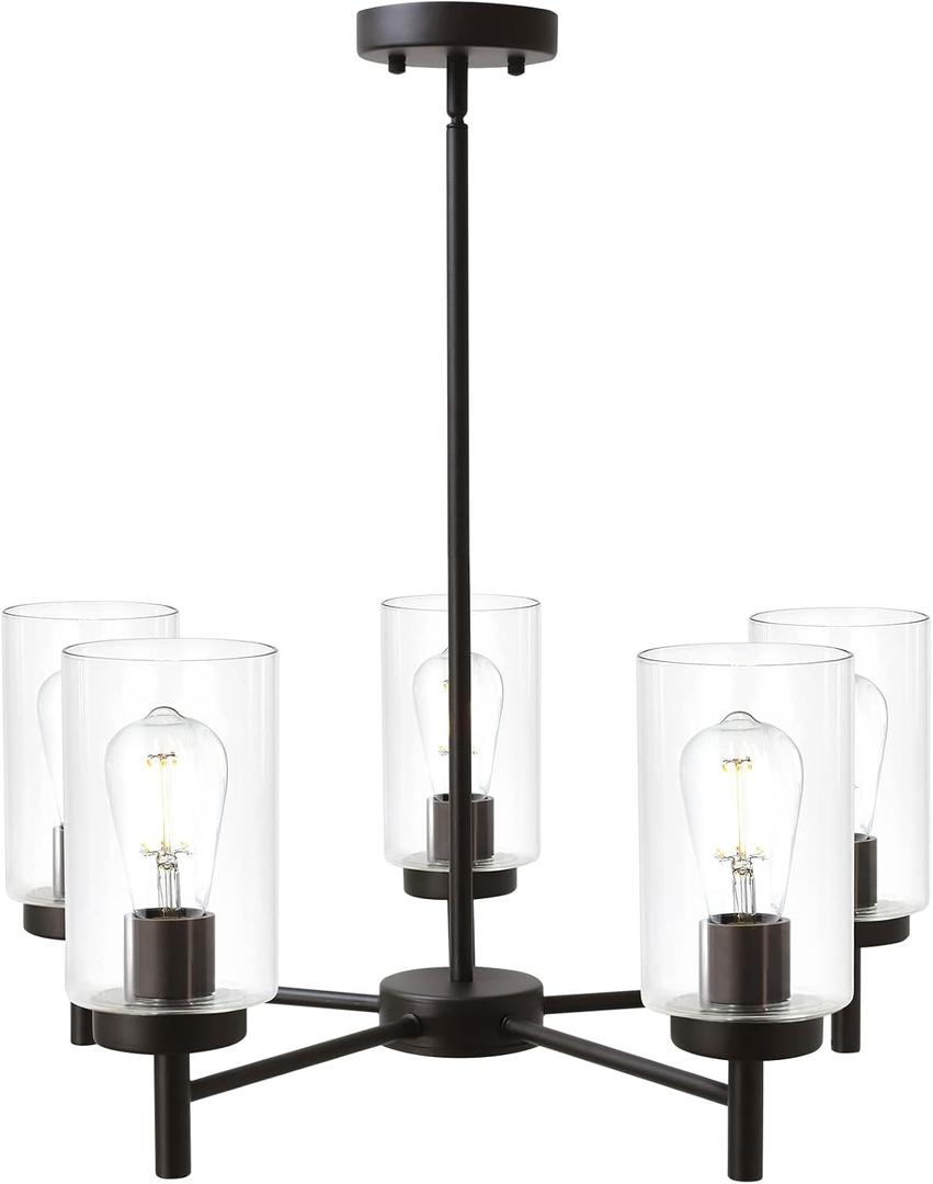Contemporary 5-Light Large Chandeliers Oil Rubbed Bronze Modern Lighting Fixtures Hanging Clear Glass Shades Pendant Lighting for Dining Room Living Room Kitchen