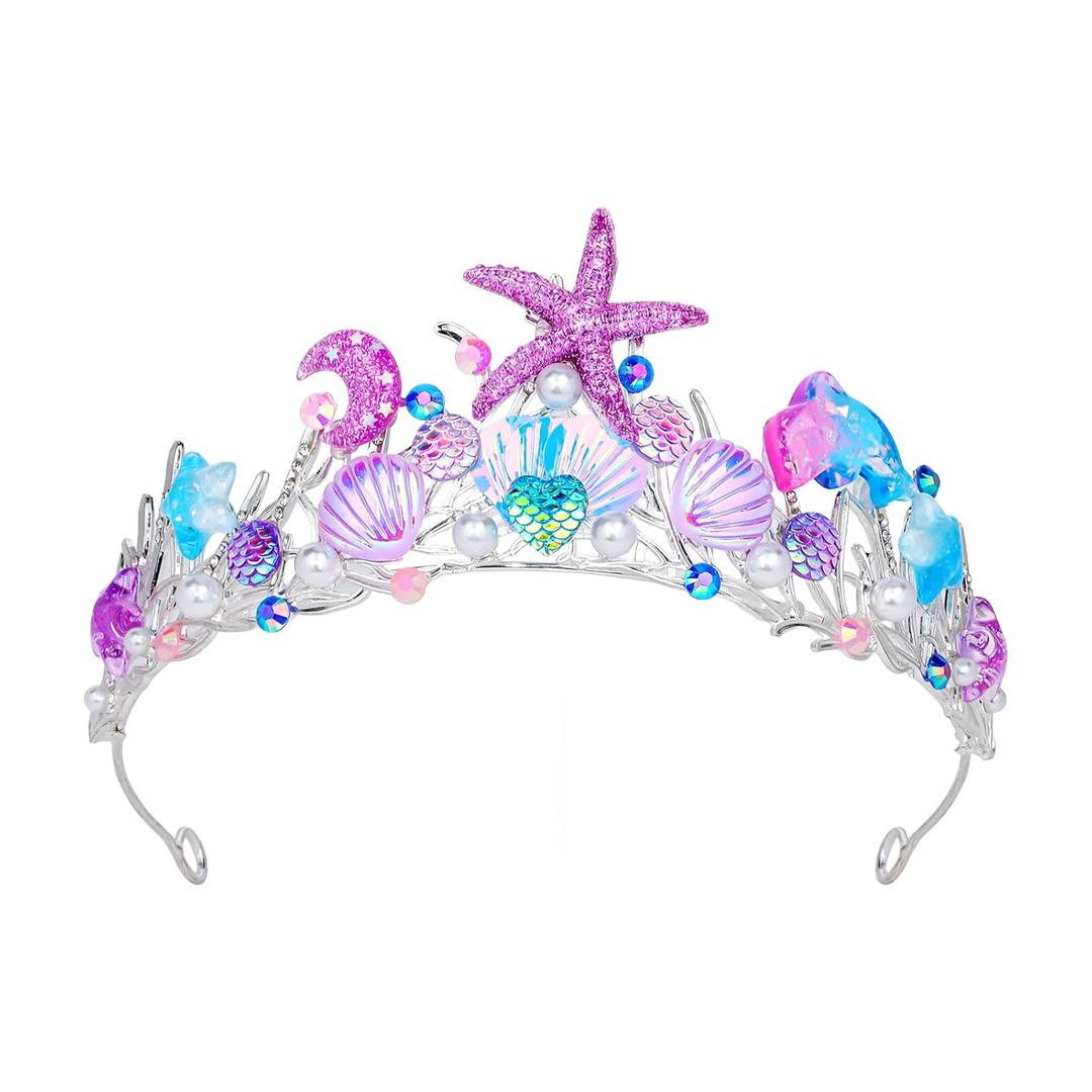 YARIEW Mermaid Crown Mermaid Birthday Decorations Mermaid Costume Mermaid Tail Starfish Fish Scales Seashell Hair Accessories Wide Mermaid Headband Mermaid Birthday Party Gifts Purple