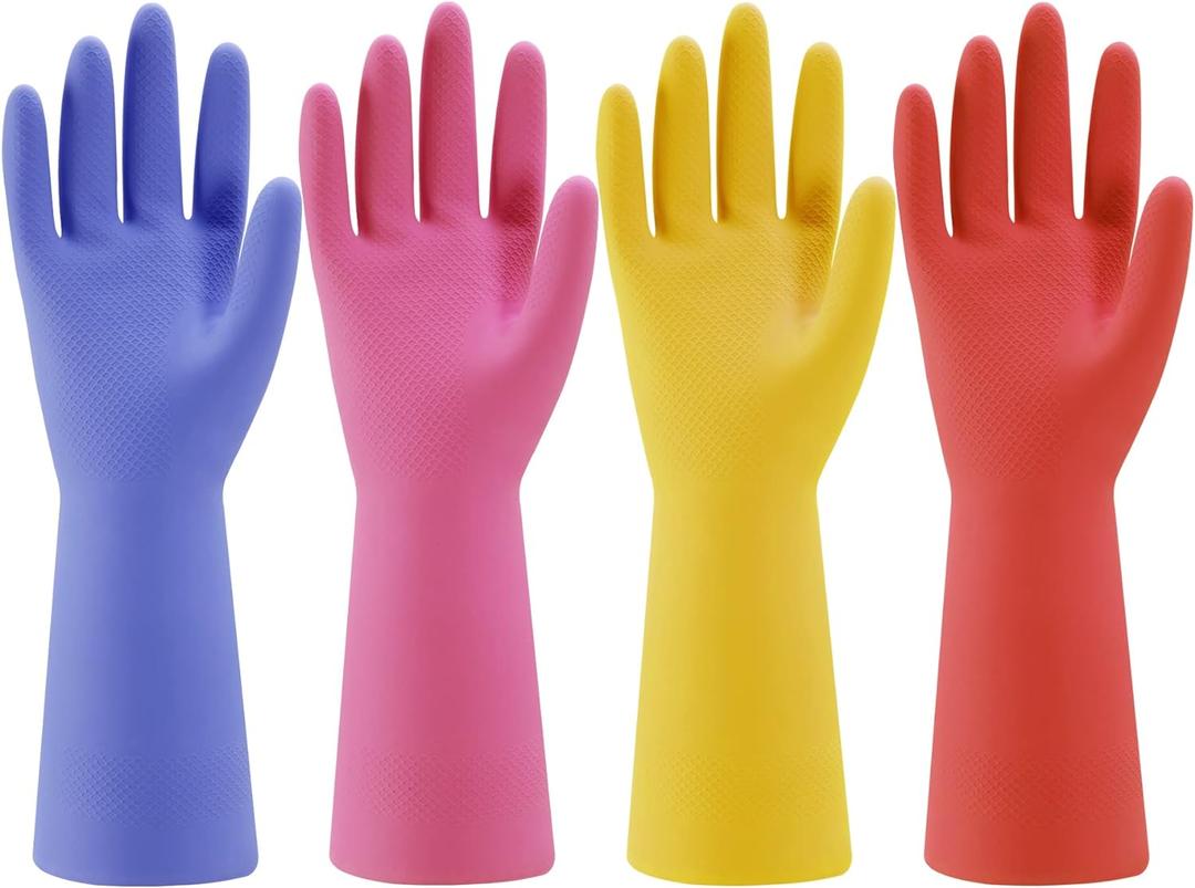 Bamllum Rubber Kitchen Dishwashing Gloves - 4 Pairs Colorful Reusable Household Cleaning Gloves for Washing Dishes and Cleaning Tasks, Flexible Long-lasting and Non-Slip (Large, Blue+Pink+Yellow+Red)