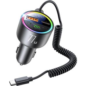 77W Bluetooth 5.4 FM Transmitter Car Adapter [PD3.0 65W+12W Fast Charging] Bluetooth Car Adapter [Deep Bass&Lossless Call Sound] Radio Bluetooth Transmitter for Car HiFi Mic & Colors LED Display