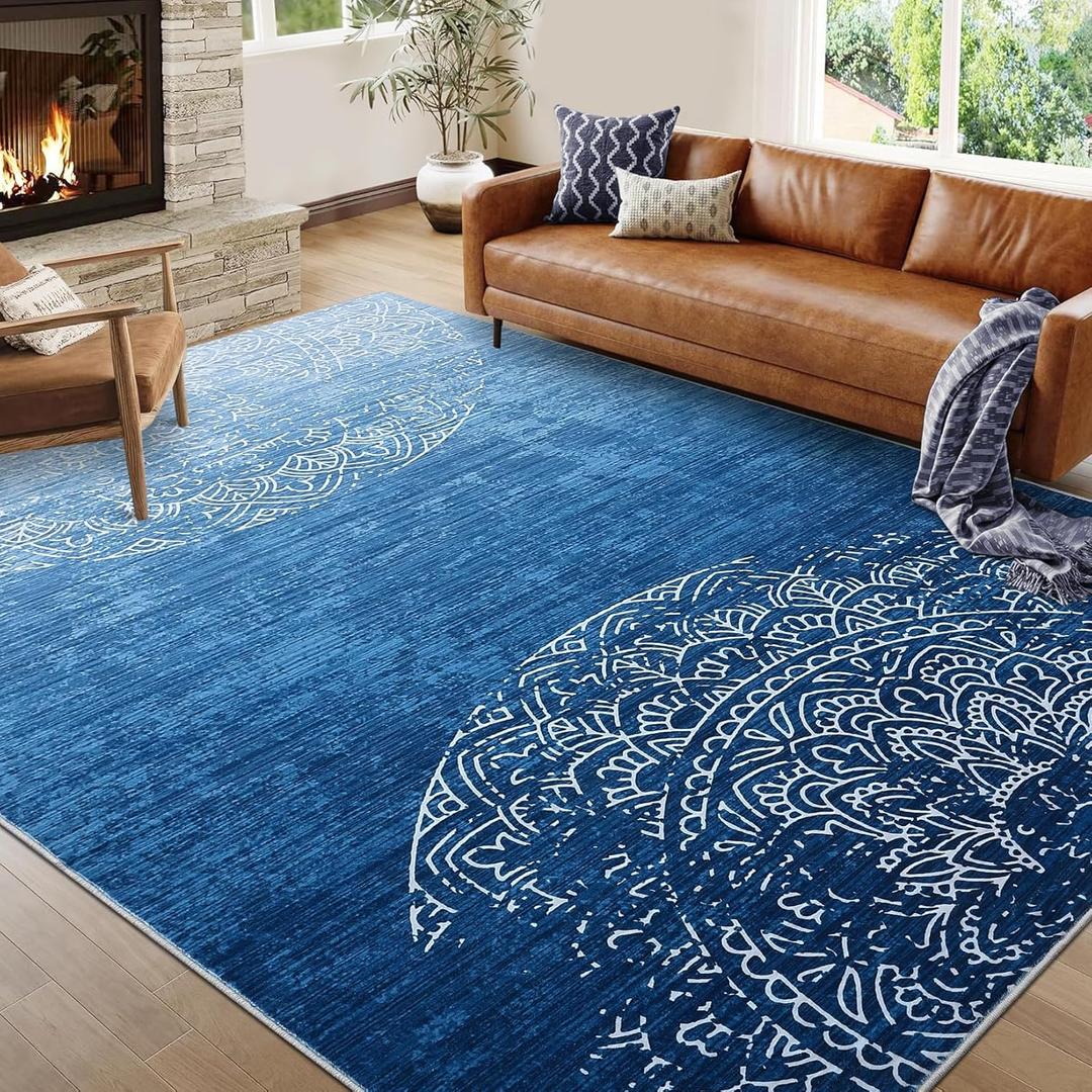 GarveeHome Washable Area Rug 10x13 Solid Large Living Room Rug Modern Ombre Carpet Stain-Resistant Non-Slip Soft Dining Room for Under Table Modern Medallion Accent Carpet for Bedroom Office,Blue