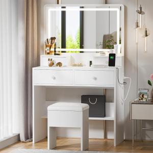 Haewon White Makeup Vanity with Lighted Mirror and Charging Station, Vanity Table Set with Adjustable Lighting, 4 Drawers, Storage Chair for Bedroom