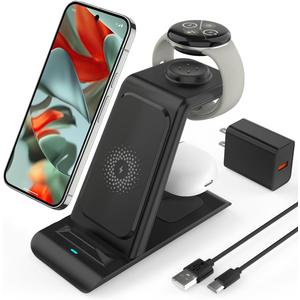 Upgraded 3 in 1 Wireless Charger Compatible with Google Pixel Watch 3/2, for Pixel 9 Pro XL/9/Fold/8/7/7A/6 Pro,Pixel Buds Pro/2,Wireless Charging Station for Multiple Devices (Not for Pixel Watch 1) (BLACK)