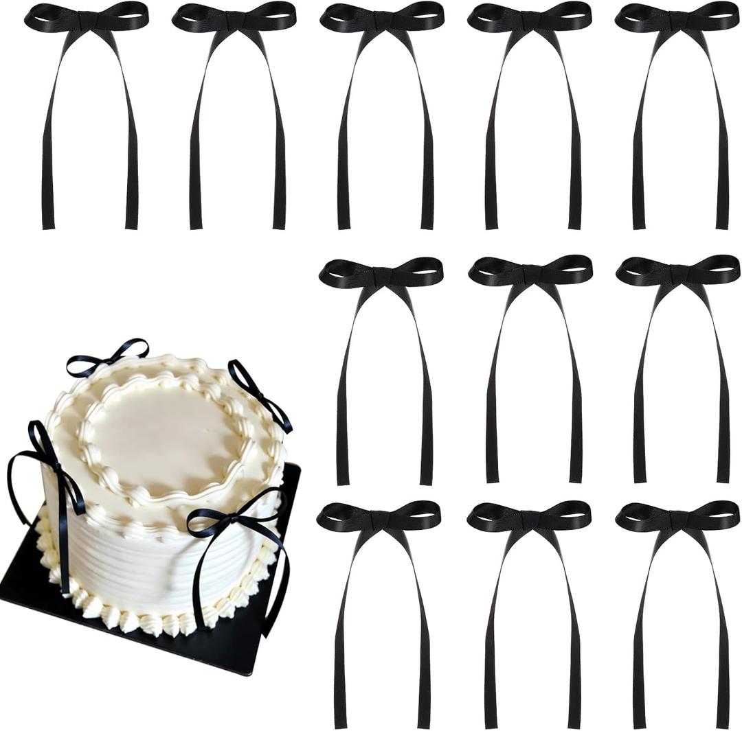 30 Pack Bow Cake Toppers Black Ribbon Bows for Cake Coquette Themed Bow Cupcake Toppers Graduation Decoration Bow Birthday Decorations for Baby Shower, Wedding, Engagement, Bachelorette Party