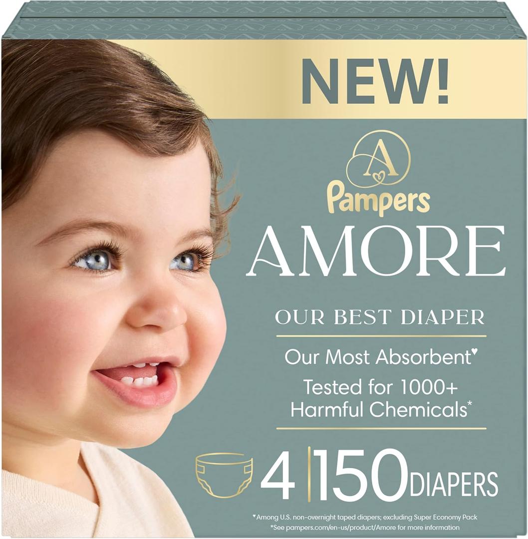 Pampers Amore, Size 4 (15-34 lbs), 150 Count, Our Best Diaper Hypoallergenic & Fragrance Free, Up to 100% Leakproof, Soft as Cashmere
