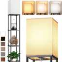 Floor Lamp with Shelves for Living Room, Shelf Floor Lamp with 3 CCT LED Bulb, Corner Display Standing Column Lamp Etagere Organizer Tower Nightstand with White Linen Shade for Bedroom, Office (Black)