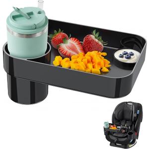 Toddler Car Seat Snack Tray - 3 Inch Cup Holder with Dip Well Fits Most Sippy Cups & Straw Bottles, Mess-Free Square Kids Travel Tray Road Trip Essentials, Black