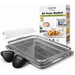 Air Fryer Basket for Oven, Stainless Steel Air Fryer Tray for Oven with Mini Silicon Mitts & Parchment Papers, Oil-Free Healthy Cooking & Baking, Dishwasher Safe