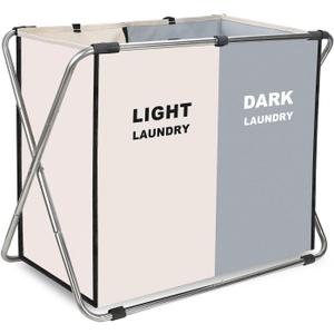 Laundry Cloth Hamper Sorter Basket Bin Foldable 2 Sections with stainless steel Frame Washing Storage Dirty Clothes Bag for Bathroom Bedroom Home Storage Basket (White+gray, 2 Sections)