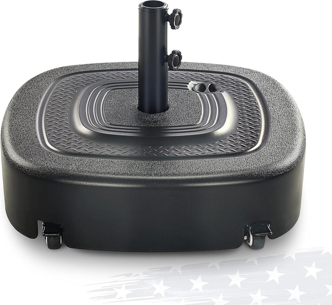 FRUITEAM 154lb Capacity Fillable Mobile Umbrella Base with 4 Wheels, Wind-Resistant Heavy Duty Patio Umbrella Base Market Stand Water or Sand Filled, for Patio, Deck, Poolside w/ 2 Locks, 2 Knobs (Black)
