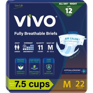 VIVO Organic Cotton Overnight Sensitive Skin Adult Incontinence Diaper Briefs with Tabs, Medium 22 Count