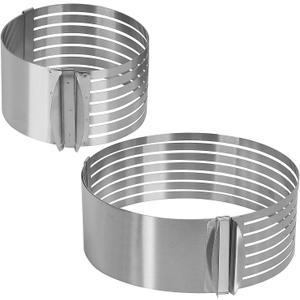 KEILEOHO Layer Cake Slicer Set of 2, Stainless Steel Adjustable 7 Layered Bread Cutter Ring with Respective Diameter of 6-8 Inch and 9-12 Inch, Cake Ring Molds for Baking, Cutting and Slicing Cakes