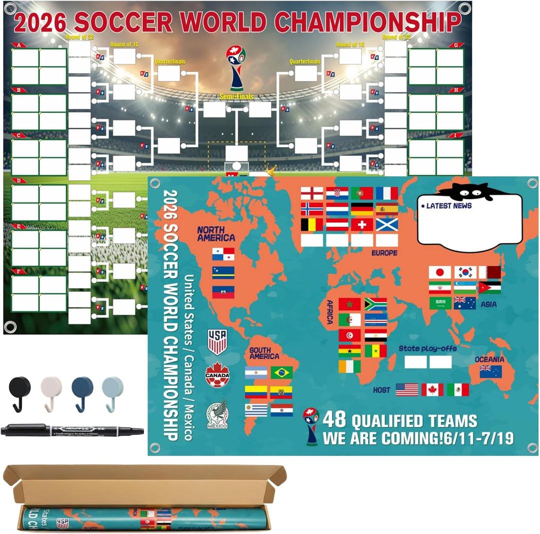 2026 World Cup Schedule Poster, 48 Teams Tournament Wall Map & Finals Bracket Showcase, 2-in-1 Double-Sided Write-on Chart, Waterproof PVC Material, Includes Marker & Hooks, Soccer Gifts for Fans