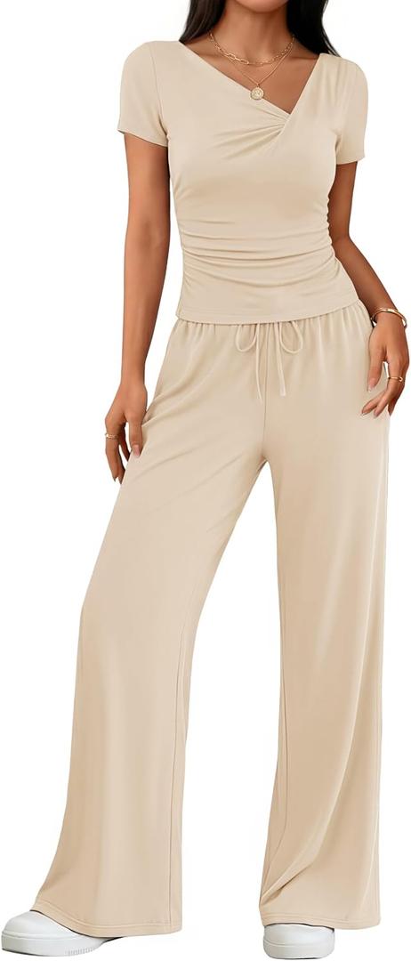 ZESICA 2 Piece Lounge Sets for Women 2026 Casual Summer Short Sleeve Ruched Top Wide Leg Pants Matching Travel Outfits