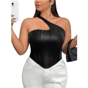 Floerns Women's Plus Size PU Leather Sleeveless Cut Out One Shoulder Crop Tank Tops (XX-Large Plus, Black)