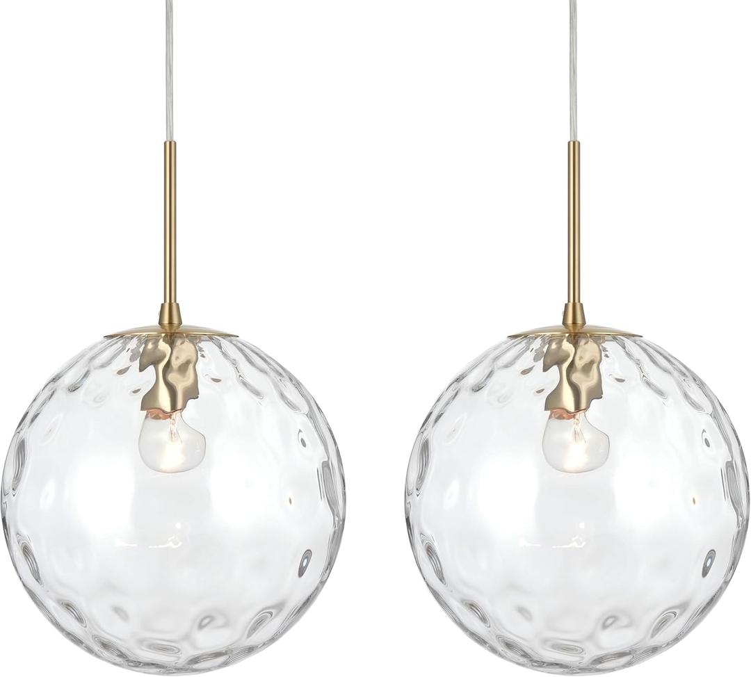 ALICE HOUSE 2 Packed 10-inch Gold Kitchen Island Pendant Lights, Hammered Glass, Modern Farmhouse Pendant Lighting, Brushed Brass Hanging Light Fixtures for Bathoom, Entryway and Hallway AL4202-P2