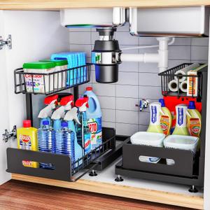 1 Pack Under Sink Organizers and Storage,Pull Out Cabinet Organizer,2-Tier Sliding Out Kitchen Basket Sink Shelf Cabinet Organizers Adjustable L Shape Counter Organizers for Bathroom Kitchen (Black)