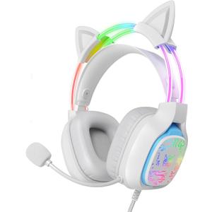 Gaming Headset with Microphone, RGB Lights, Detachable Cat Ear, Lightweight Over-Ear Headphones with Adjustable Headband for PC, PS4, PS5, Mac, Switch, Surround Sound, in-Line Control, White