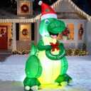 TRMESIA 5FT Dinosaur Indoor Outdoor Christmas Inflatable Decorations, Bright LED for Garden Yard Lawn Xmas Blow up Decor, Santa Hats and Christmas Wreaths.