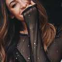 Avidlove Womens Mesh Long Sleeve Bodysuit Round Neck Sheer Leotards Geo Print Bodysuit Top with Snap Crotch (Small, Gold Star)