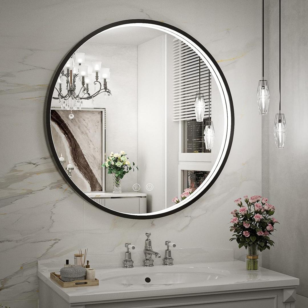 24" Round LED Bathroom Mirror, Dimmable Anti-Fog Vanity Mirror with Touch Control, 6000K Natural Light, Black Metal Frame, Wall Mounted for Makeup Shaving (IP54, 90+ CRI) 24" Round LED Bathroom Mirror, Dimmable Anti-Fog Vanity Mirror with Touch Control, 6000K Natural Light, Black Metal Frame, Wall Mounted for Makeup Shaving (IP54, 90+ CRI)